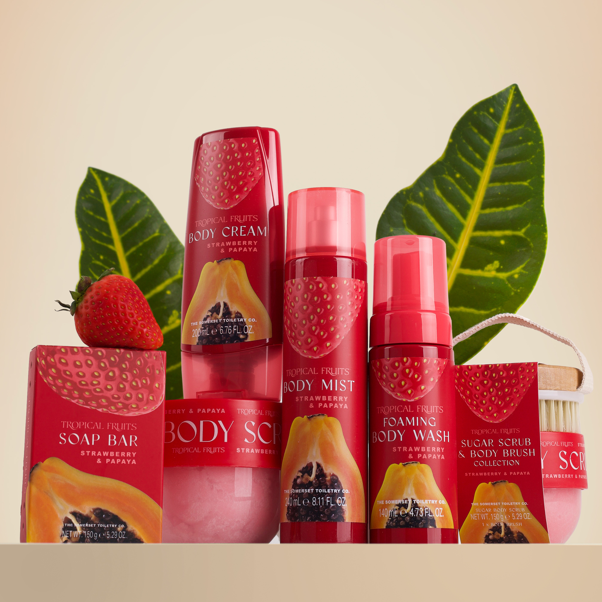 Tropical Fruit Strawberry & Papaya Body Scrub & Brush Set 150g