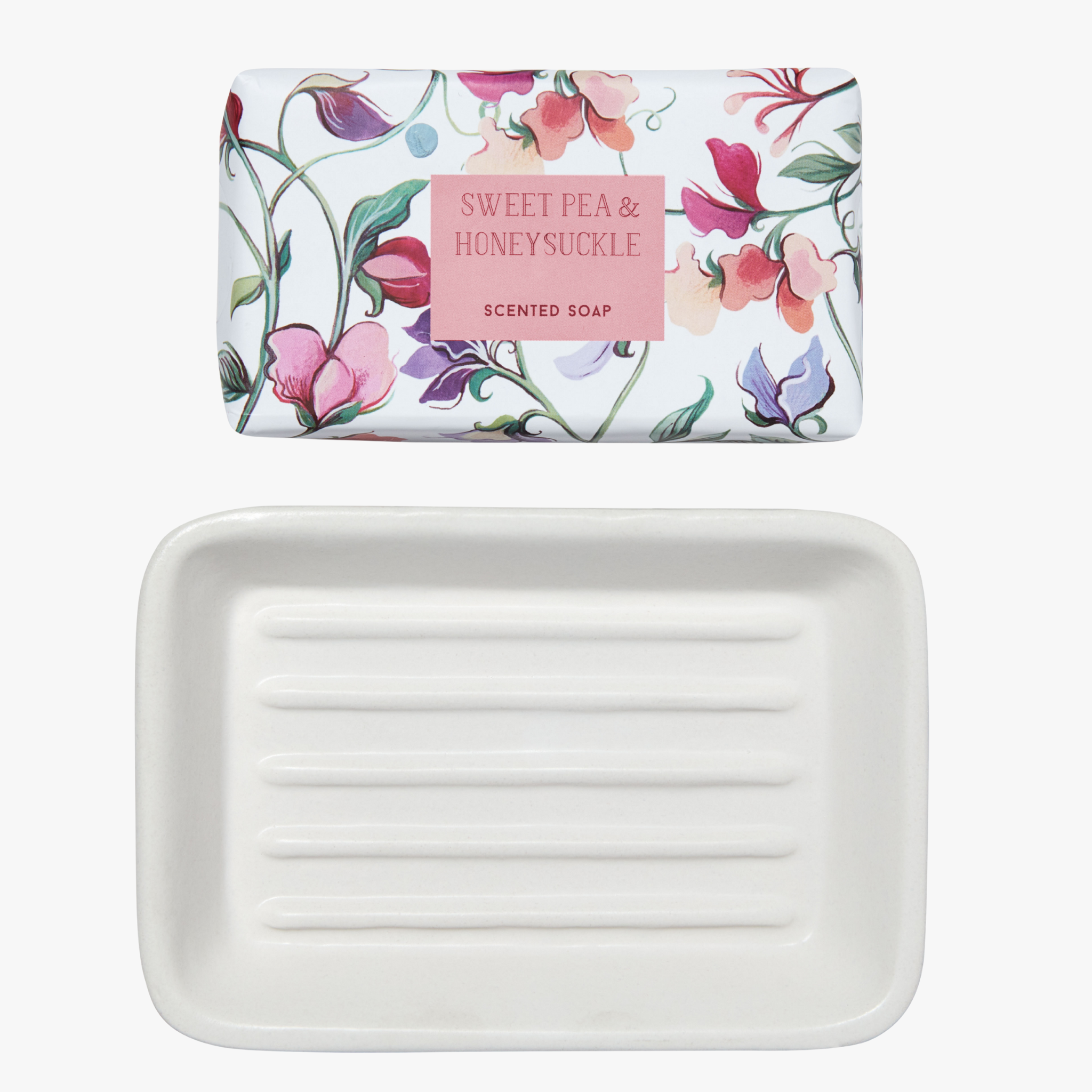 Heathcote & Ivory Sweet Pea & Honeysuckle Scented Soap on a Dish